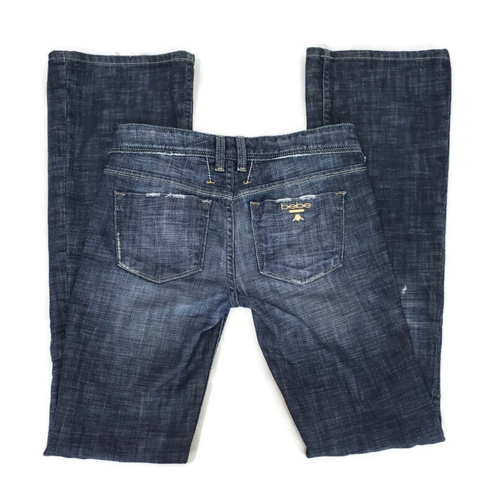 Bebe | Vintage Y2K Gold Metal Logo Back Pocket Bootcut Flare Jeans | 26 Low Rise